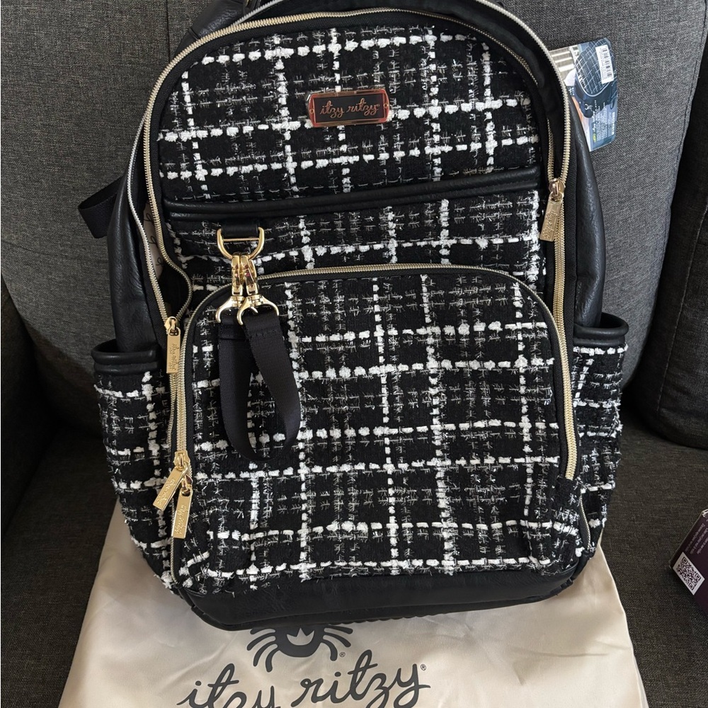 Itzy Ritzy Black and White Tweed Backpack with Gold Accents